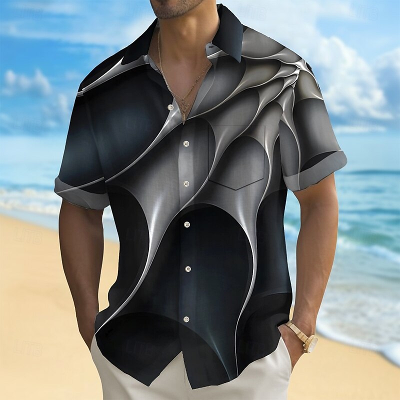 Men's Geometric Abstract Art Shirt Summer Shirt Button Up Shirt Short Sleeve Fashion Casual Outdoor Vacation Dailywear Summer Spring Turndown 3D Print Collared Shirts Front One Pocket Dark Blue
