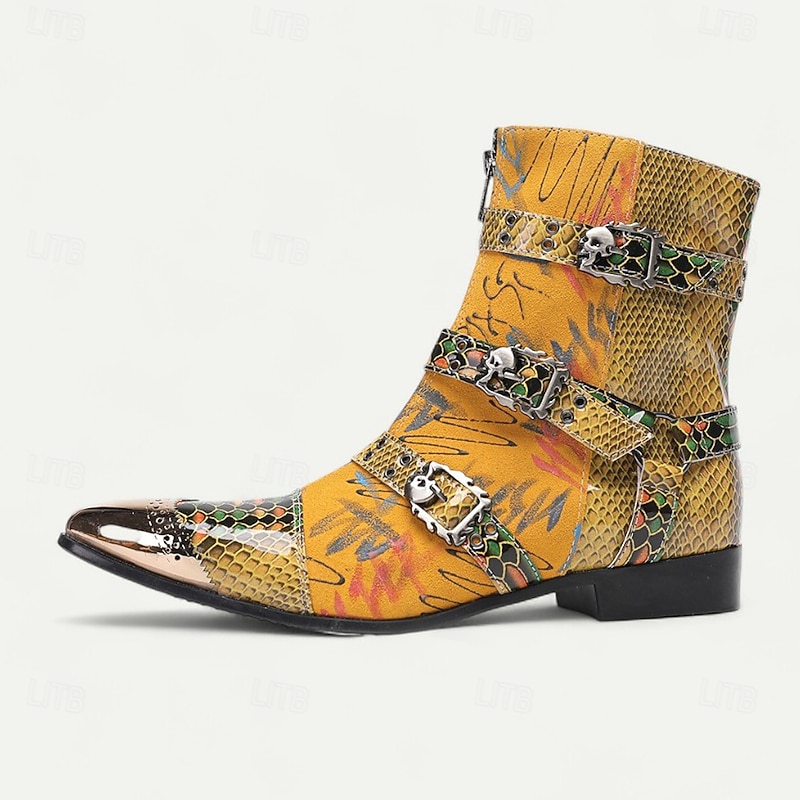 Men's Multi-Colored Snake Print Boots - Unique Design Cowhide Boots for Stylish Men - Great for Fashionable Night Outs, Parties and Trendy Events3