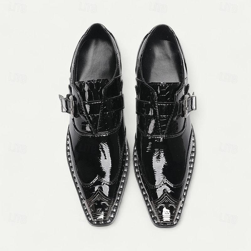 Men's Black Glossy Monk Strap Shoes - Premium Cowhide Double Buckle Formal Shoes for Special Occasions and Fashion-Forward Events4