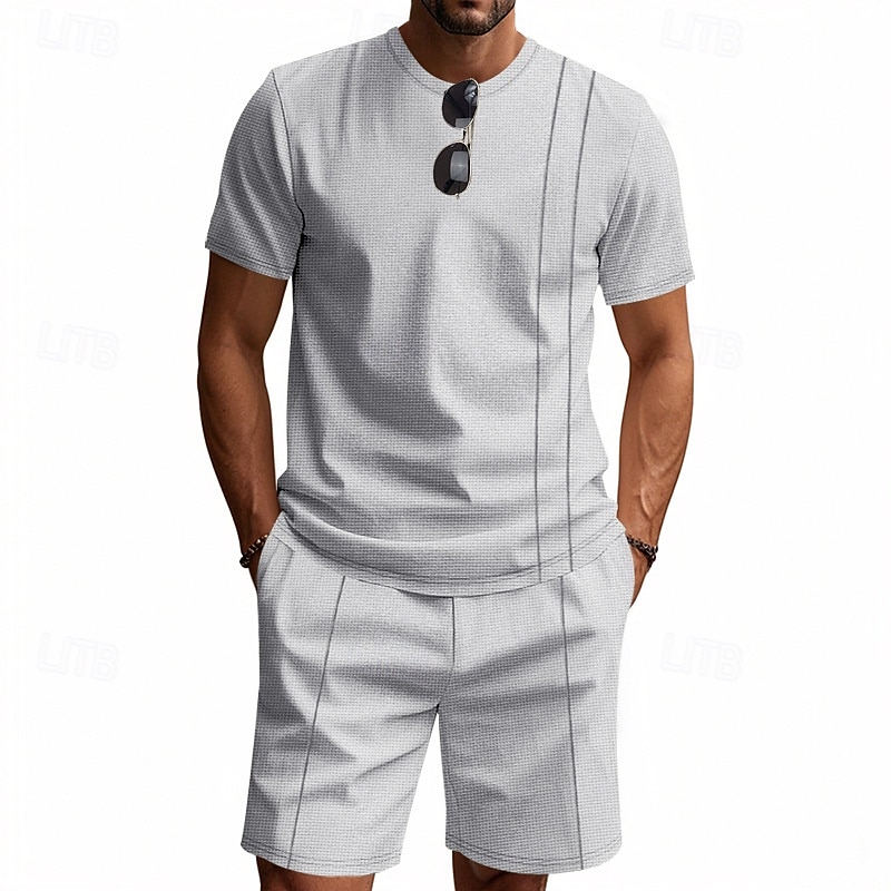 Men's Waffle Shirt T-shirt Suits 2 Pieces Outfits Tee & Shorts Short Sleeve Crew Neck Summer Spring Plain Fashion Casual 2 Piece Vacation Daily Wear Going out Black White Royal Blue Top Tee for Men