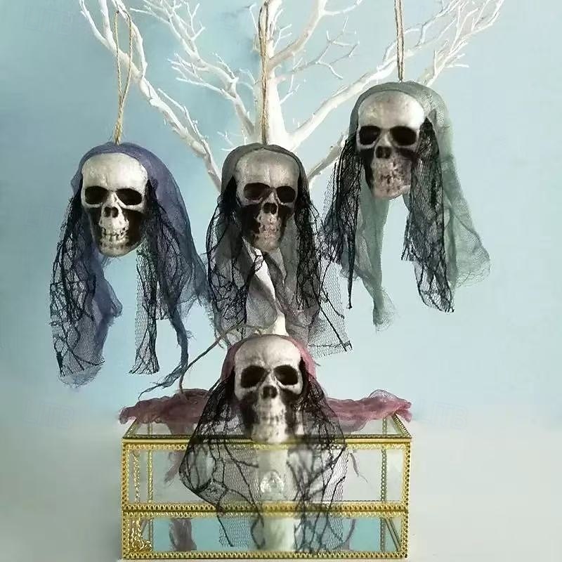 4PCS Halloween Skull Hanging Ghost Decorations, Realistic Foam Skeleton Heads with Lace, Suspended Spooky Ornaments for Haunted House, Party and Holiday Decor