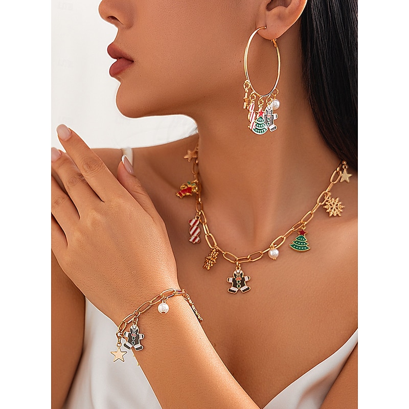 Women's Christmas Gingerbread and Snowflake Charm Necklace and Earrings and Bracelet  with Gold Chain - Cute Holiday Jewelry for Christmas Celebrations - Main Image