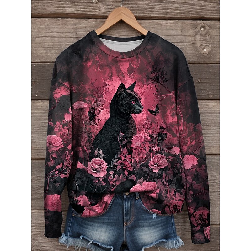 Halloween Women's Sweatshirts Black Cat Graphic Geometric Casual Long Sleeve Crew Neck Regular Tops Street Dailywear Print Pink Green Fall Winter3