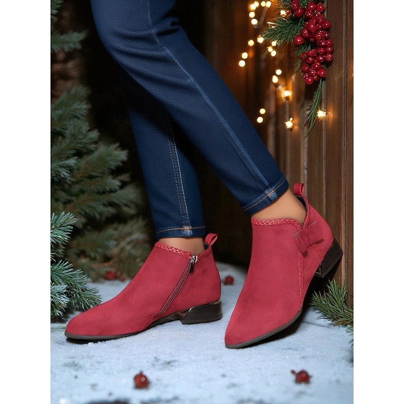 Women's Red Faux Suede Ankle Boots – Low Heel Booties with Side Bow for Winter Outfits, Christmas Parties and Casual Shopping