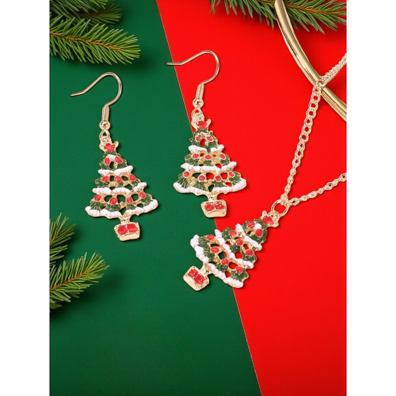 Women's Christmas Tree Jewelry Set with Festive Enamel Pendant Necklace and Drop Earrings - Holiday Party Accessories for Christmas Celebrations and Gift Giving2