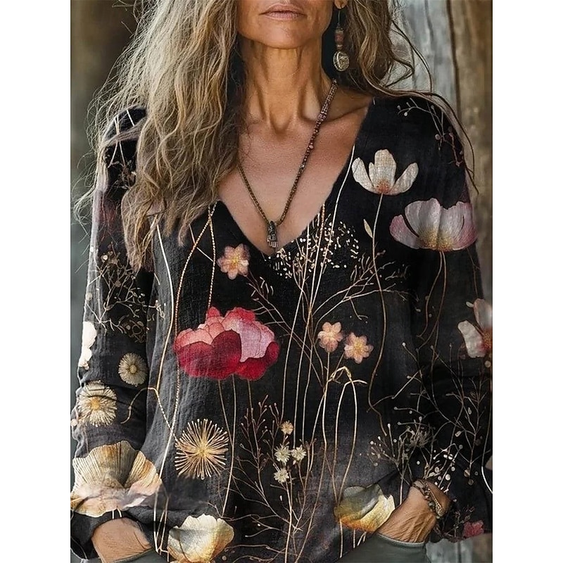Women's Blouse Floral Daily Stylish Long Sleeve V Neck Regular Tops Daily Holiday Print Black White Navy Blue Royal Blue Blue Summer Spring Fall2