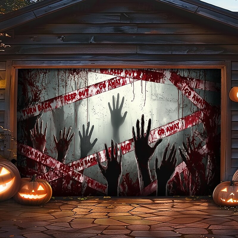 Halloween Garage Door Cover – Bloody Handprints & Horror Scene, Scary Outdoor Decoration for 2025 Halloween Home Front Yard2