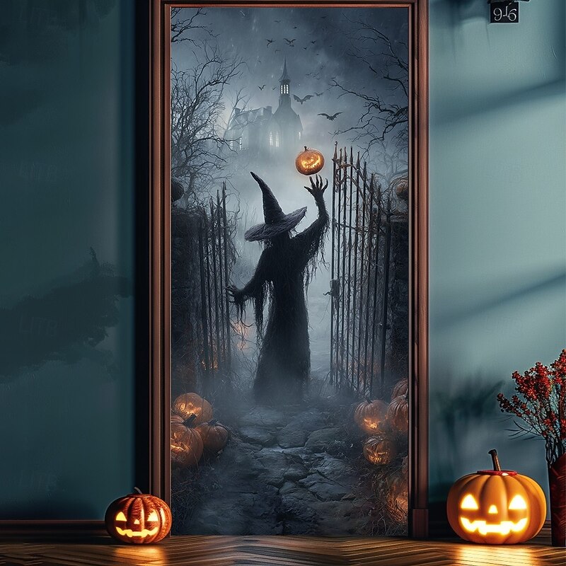 Halloween Door Cover – Silhouette of Witch in Fiery Portal, Haunted House Entrance Banner, Scary Outdoor 2025 Halloween Decoration for Bedroom, Living Room, Bathroom3