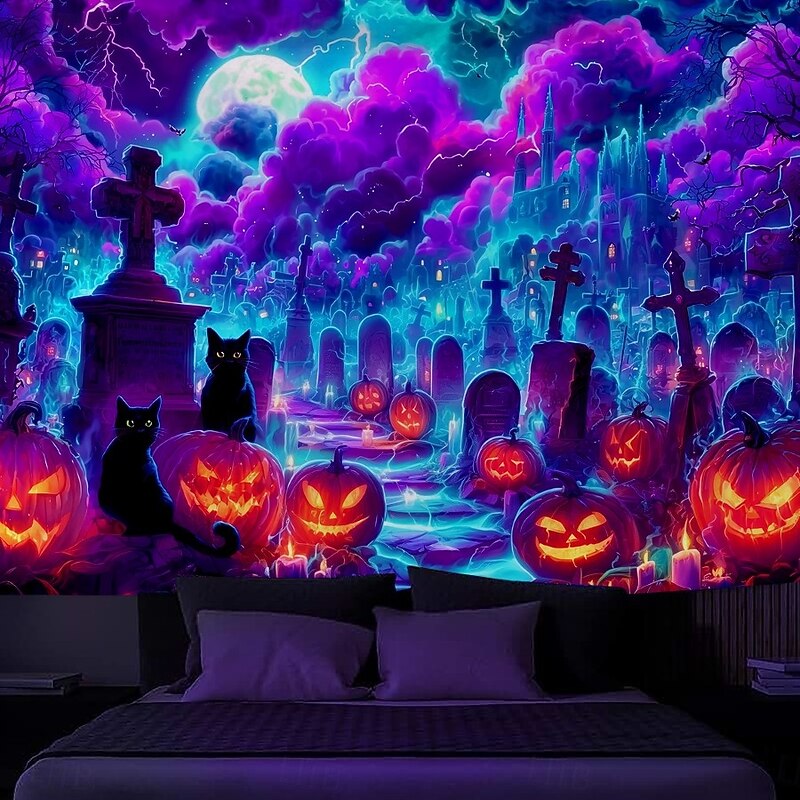 Halloween Blacklight Wall Tapestry – UV Reactive Haunted House with Flying Witch, Jack-o'-Lanterns and Full Moon, Neon Colors, Glow in the Dark Gothic Wall Hanging for 2025 Halloween Decoration2