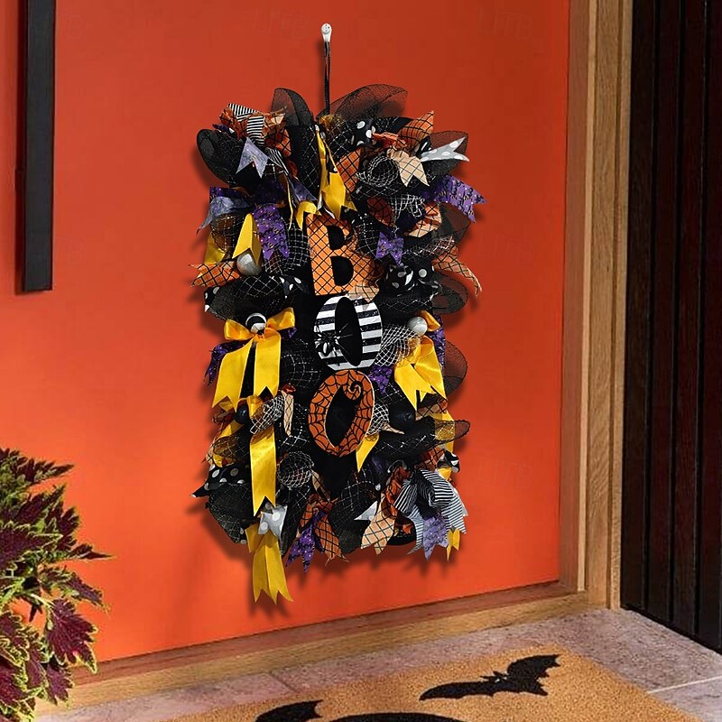 Halloween Witch Wreath with Hat Legs Pumpkin Door Wreath,Artificial Wall Wreath for Outdoor Halloween Home Decor2