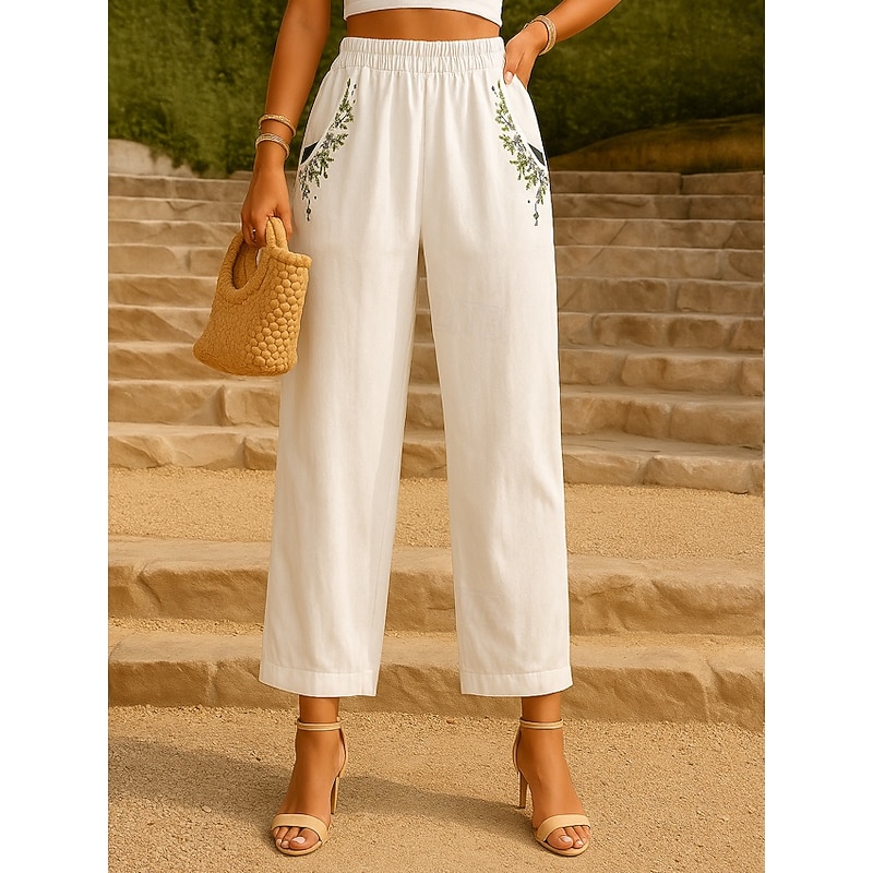 Women's Cotton Linen Pants Chinos Fashion Basic Full Length High Waist Floral Embroidered Comfort Outdoor Micro-elastic Vacation Street Daily White Yellow Apricot Coffee Summer Spring Fall Regular Fit2