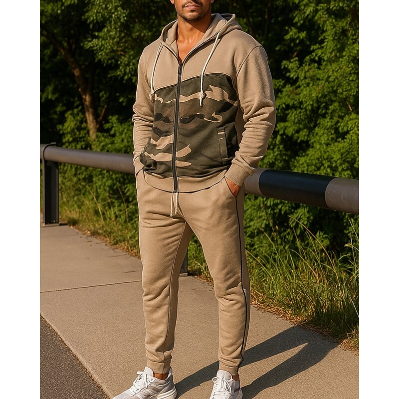 Men's Tracksuit Sweatpants Hooded Jacket Drawstring Hooded Camouflage Clothing Suit Fall & Winter Army Green Khaki Gym Training Running Windproof Long Sleeve Sport Activewear Micro-elastic Loose Fit4