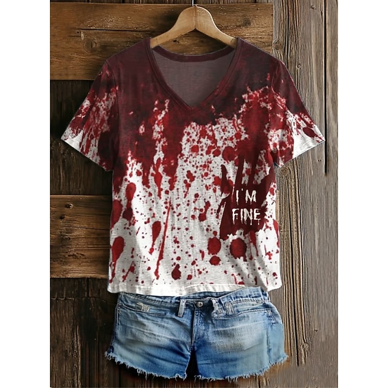 Halloween Bloody Problem Solved Women's T Shirt Bloodstain Graphic Letter Halloween Vintage Stylish Classic Short Sleeve V Neck Regular Tops Daily Print Gray/Red White Wine Red Red White Spring4