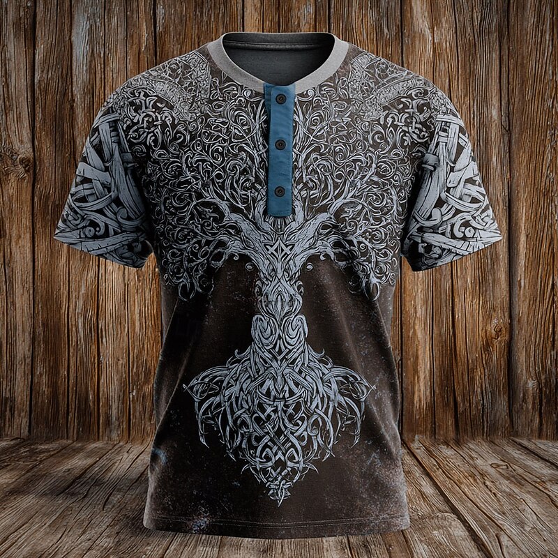 Men's Graphic Christmas Tree T Shirt Henley Shirt Short Sleeve Viking Designer Retro Vintage Street Casual Daily Summer Spring All Seasons Dark-Gray Black Navy Blue Dark Brown Henley Henley T-Shirt2