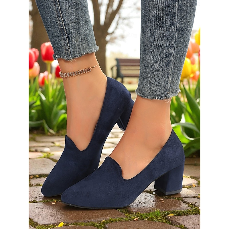 Women's Blue Block Heel Shoes– Elegant Faux Suede Pumps for Semi-Formal Gatherings, Cottage Garden Parties and Church Sundays