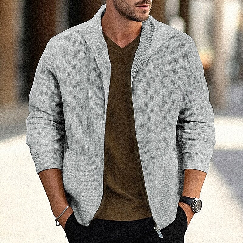 Men's Waffle Jacket Casual Jacket Hoodie Jacket Vacation Daily Breathable Pocket Spring Fall Plain Fashion Classic Hooded Regular Black White Blue Khaki Gray Jacket3