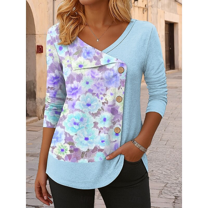 Women's Blouse Tunic V Neck Long Sleeve Buttons Floral Graphic Vintage Stylish Modern Regular Tops Daily Patchwork Print Pink Blue Purple Spring Fall Winter4
