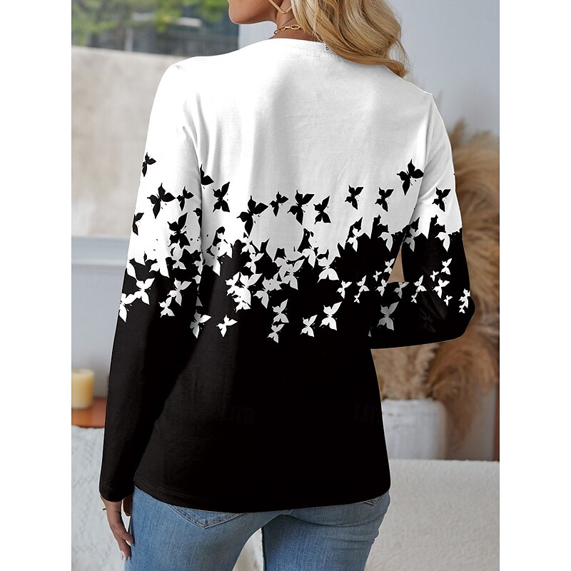 Women's T shirt Crew Neck Long Sleeve Tunic Graphic Butterfly Vintage Stylish Modern  Regular Tops Daily Print White Pink Blue Purple Green Fall2