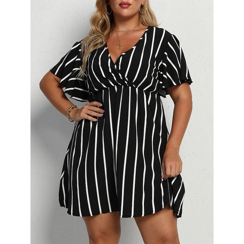 Women's Plus Size Casual Dress Striped V Neck Short Sleeve Summer Spring Fashion Modern Casual Mini Dress Daily Holiday Dress2