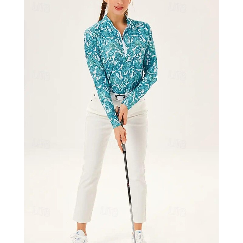 Women's Flocking Golf Polo Shirt Tennis Shirt Long Sleeve Print Quarter Zip Pullover UV Protection Elastic Breathable Tennis Golf Pickleball Zip Collar Shirt Polo Blue Tennis Clothing4