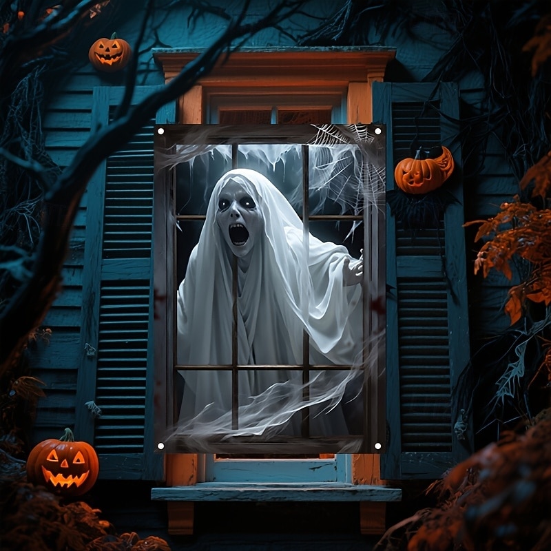 Halloween Window Banner Decoration 1pc Scary Ghost Design Polyester Fabric Indoor Wall and Window Decor for Parties and Carnivals No Electricity Required Versatile Holiday Accessory4