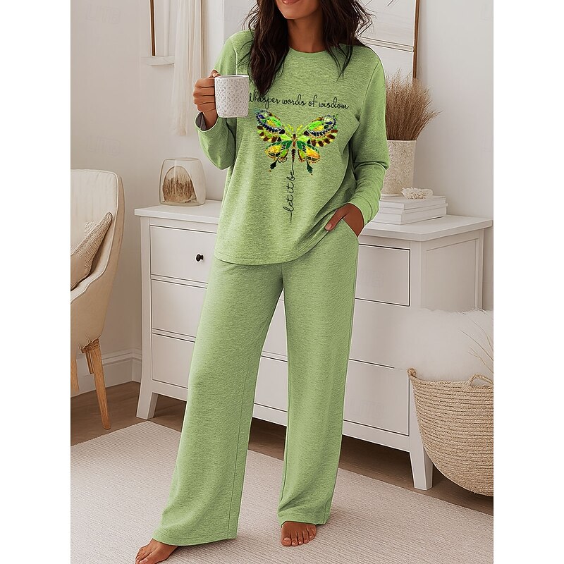 Women's Fashion T Shirt Pants Sets Long Sleeve Crew Neck Round Neck Graphic Butterfly Letter Print Casual Daily Pink Blue Purple Spring Regular Fit
