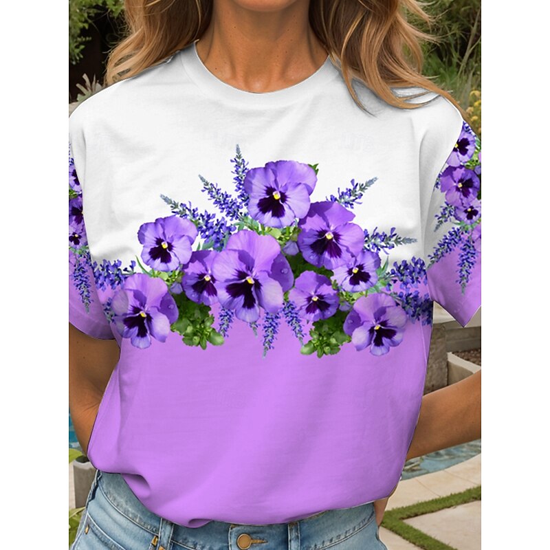 Women's T Shirt Floral Graphic Vintage Stylish Classic Short Sleeve Crew Neck Round Neck Regular Tops Daily Going out Weekend Print Black and White Yellow Pink Blue Purple Summer Spring Fall3