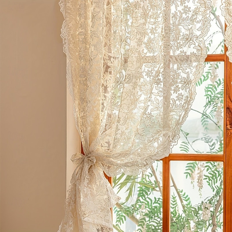 1Piece Vintage Jacquard Sheer Curtain Short Curtain With Rod Pocket Polyester Mesh Lace Embroidered Home Living Room Bedroom  kitchen Decor