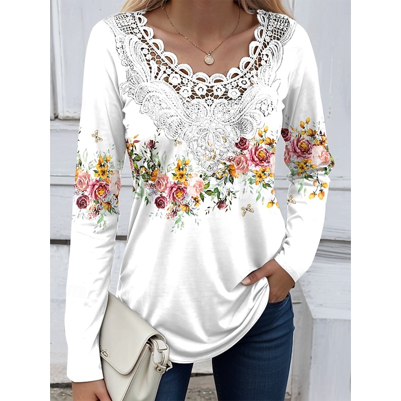 Women's Blouse Tunic Lace Splicing V Neck Long Sleeve T Floral Graphic Plants Casual Crew Neck Regular Tops Daily Lace Eyelet White Green off-white Spring Fall Prefall