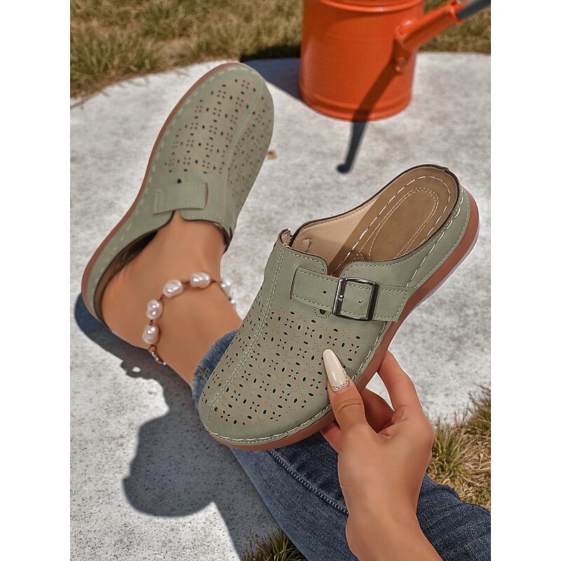 Women's Green Perforated Slip-On Mules, Comfortable Casual Shoes with Buckle, Ideal for Everyday Wear, Garden and Travel2