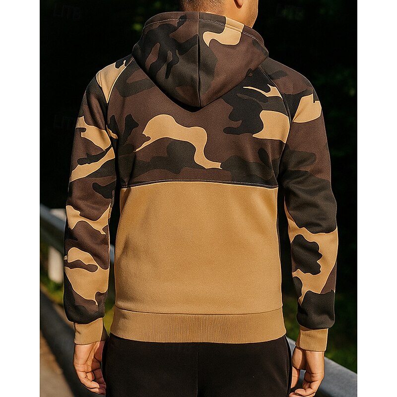 Men's Running Top Sports Sweatshirt Drawstring Pocket Long Sleeve Top Athleisure Camouflage Thermal Warm Outdoor Running Sportswear Activewear Black Green Khaki3