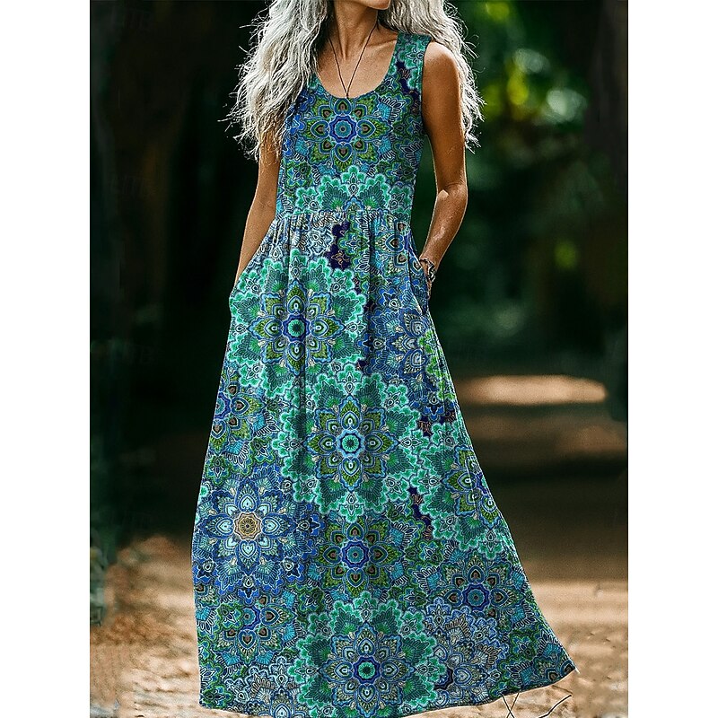 Women's Boho Floral Art Print Vintage Dress Vacation Casual Going out Beach Regular Fit Floral Graphic Sleeveless U Neck Pink Wine Light Brown Blue Summer Spring4