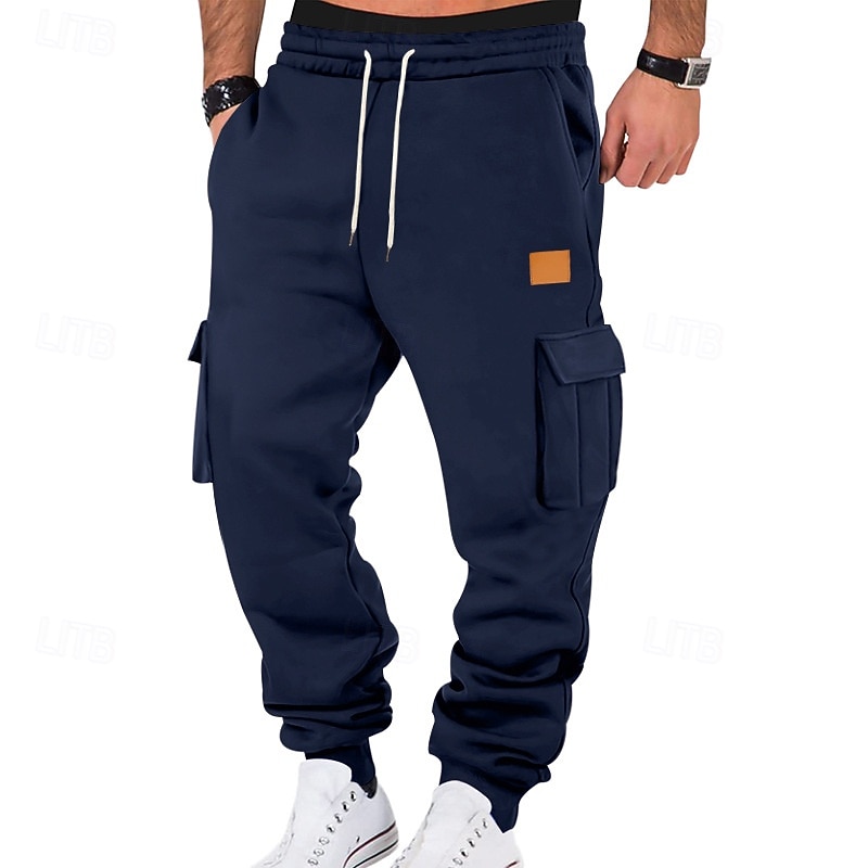 Men's Fleece Pants Sweatpants Joggers Trousers Cargo Sweatpants Elastic Waist Drawstring Multi Pocket Plain Comfort Warm Full Length Outdoor Casual Daily Fashion Classic Style Black White2