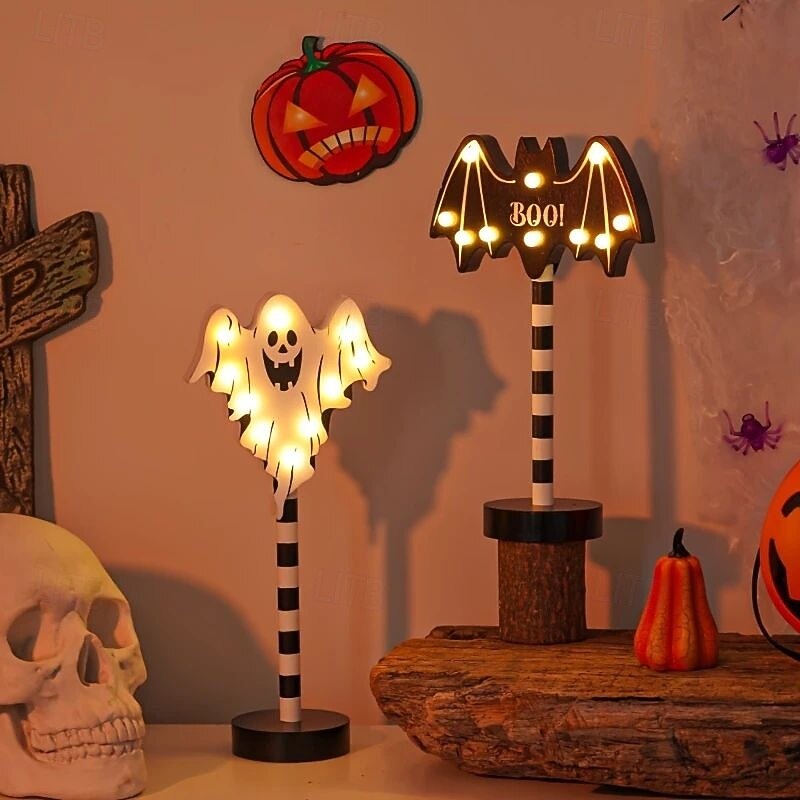 Halloween Night Light Wooden Halloween Pumpkin Lamp Battery Powered Ghost Lamp Bat Lamp Skull Lamp Home Indoor Bedroom Decorative Lamp3