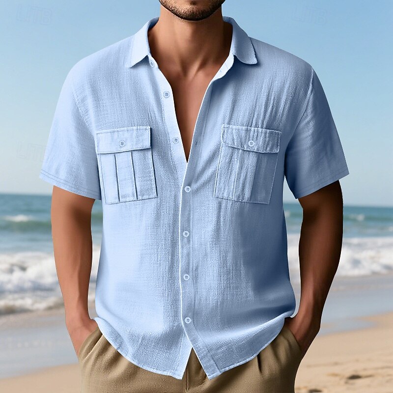 Men's Shirt Linen Shirt Summer Shirt Beach Wear Button Up Shirt Cargo Shirt Solid Color Vacation Street Black White Navy Blue Blue Short Sleeve Turndown Summer Spring Clothing Apparel Pocket2