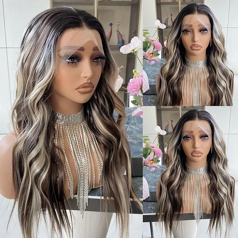 Brazilian Virgin  Remy Human Hair 5x5 Closure Wigs 13x4 Lace Front Wig Middle Part Wavy Ash Blonde Highlight Wig with Baby Hair Glueless Pre-Plucked for Women2