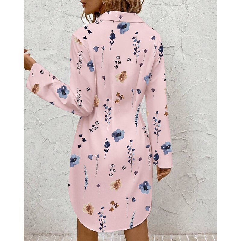 Women's Mini Dress Shirt Dress Print Dress Elegant Daily Fall Dress Regular Fit Floral Long Sleeve Shirt Collar Black White Pink Purple Fall4