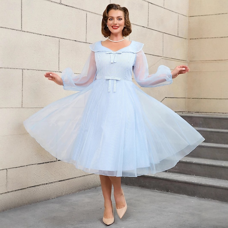 Retro Vintage 1950s Rockabilly Midi A Line Dress Flare Dress Plus Size Striped A-Line Fancy Dress Women's Vacation Homecoming Party & Evening Adults Dress Fall Spring & Summer