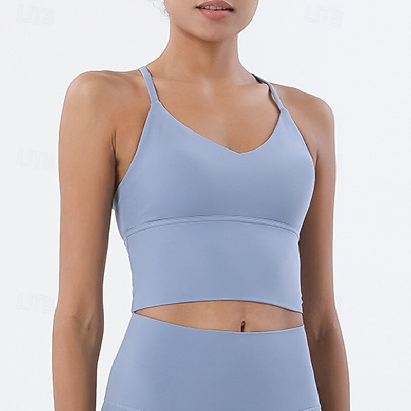 Women's Yoga Crop Tank Top Sports Bra Underwear Medium Support Wireless Padded Solid / Plain Color Sport Activewear Light Pink Lake blue Pilates Running Yoga3
