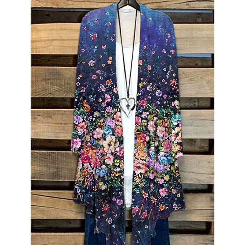 Women's Shirt Ombre Floral Graphic Elegant Stylish Basic Long Sleeve V Neck Regular Tops Daily Navy Blue Sky Blue Khaki Spring Fall