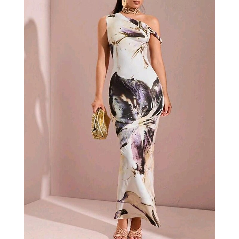 Women's Long Dress Maxi Dress Print Dress Fashion Outdoor Going out Weekend Regular Fit Flower Sleeveless One Shoulder Purple Green Summer3