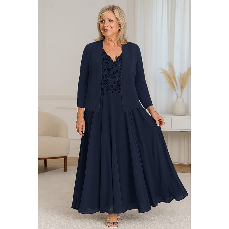 Beaded Lace Two Piece A-Line Mother of the Bride Dress Elegant Simple Luxurious V Neck Floor Length Maxi Length Chiffon Short Sleeve with Stretch Crepe Jacket4