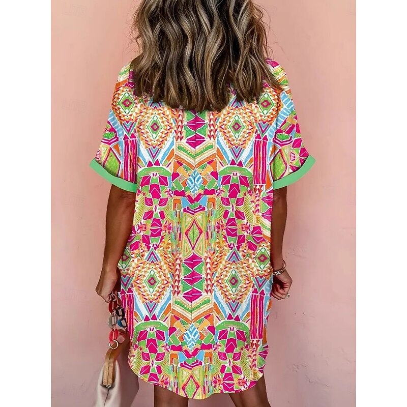 Women's Mini Dress Shirt Dress Casual Dress Summer Dress Vintage Daily Beach Weekend Regular Fit Geometric Color Block Short Sleeve Shirt Collar Green Summer3