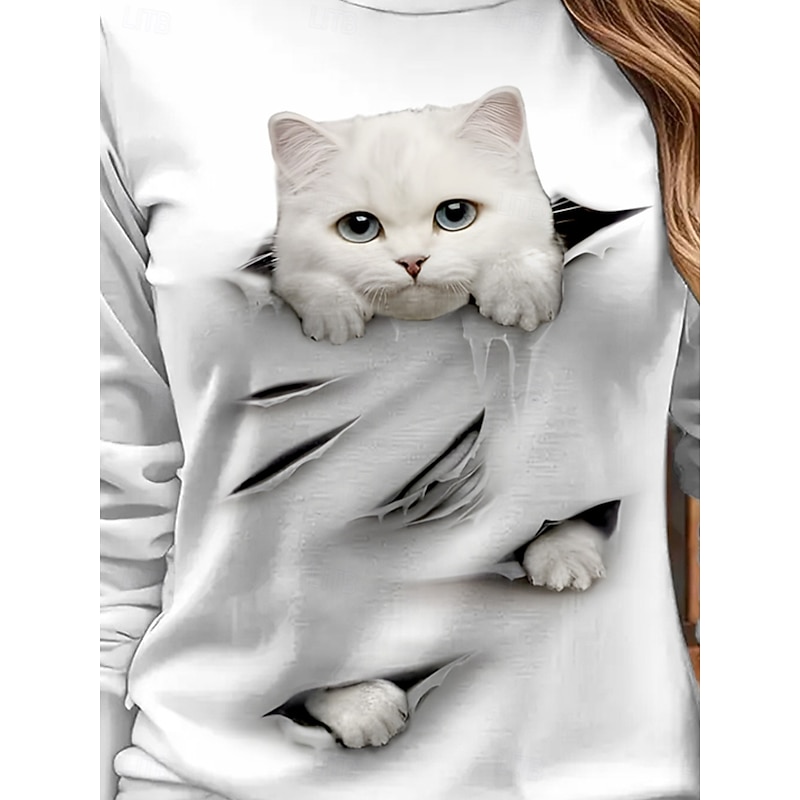 Women's T shirt Crew Neck Long Sleeve Tunic Graphic Animal Cat Vintage Stylish Classic  Round Neck Regular Tops Daily Weekend Print Black and White Black White Yellow Pink Spring Fall3