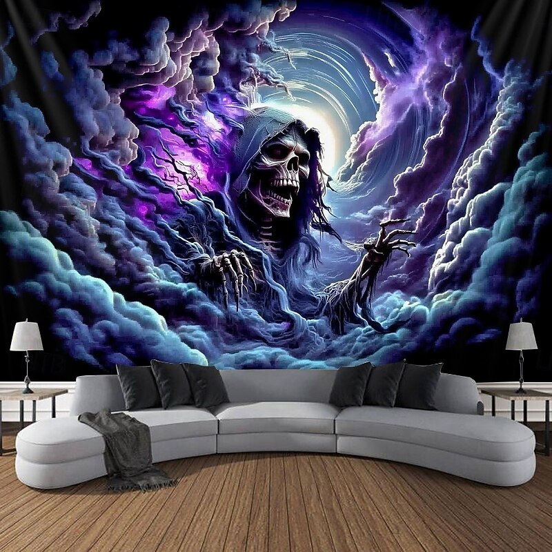Halloween Blacklight Wall Tapestry – UV Reactive Grim Reaper with Glowing Purple Aura, Neon Colors Spooky Cemetery Scene, Glow in the Dark Gothic Backdrop for 2025 Halloween Party Decoration2