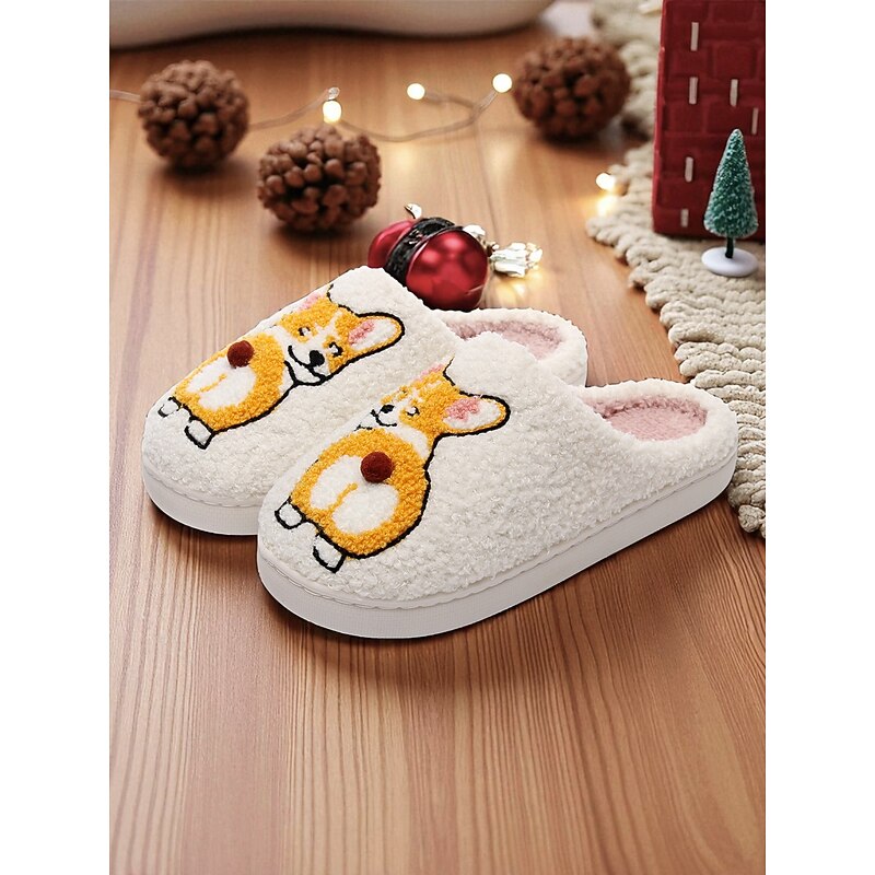 Women's Cozy Indoor Slippers with Corgi Embroidery – Cute Warm House Shoes for Winter and Lounging3