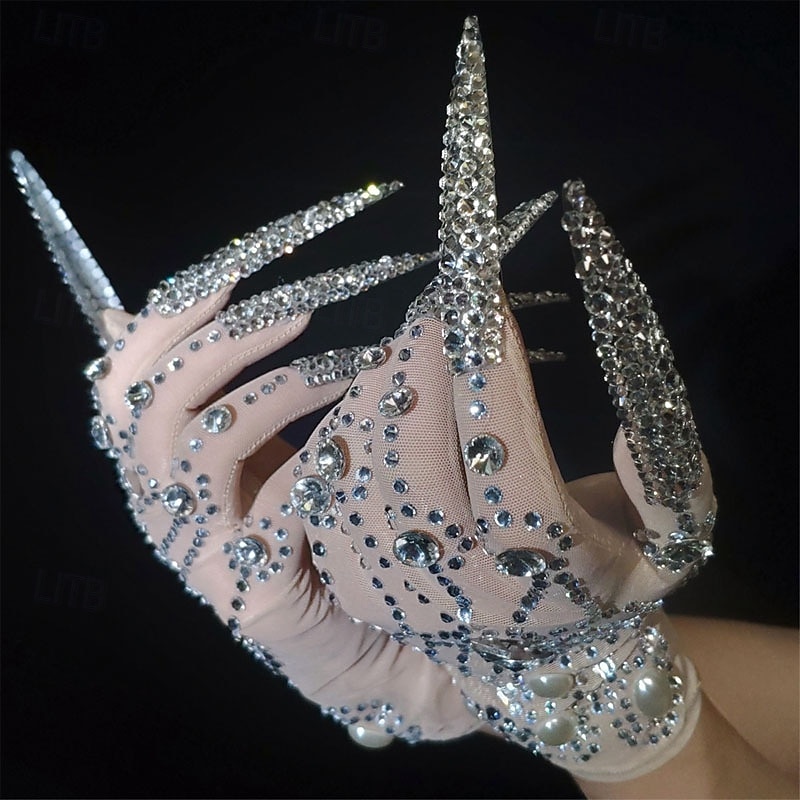 Rhinestone Sparkly Gloves Women Long Glitter Mesh Sheer Elbow Length Opera Novelty Gloves With Nails Nude One Size3