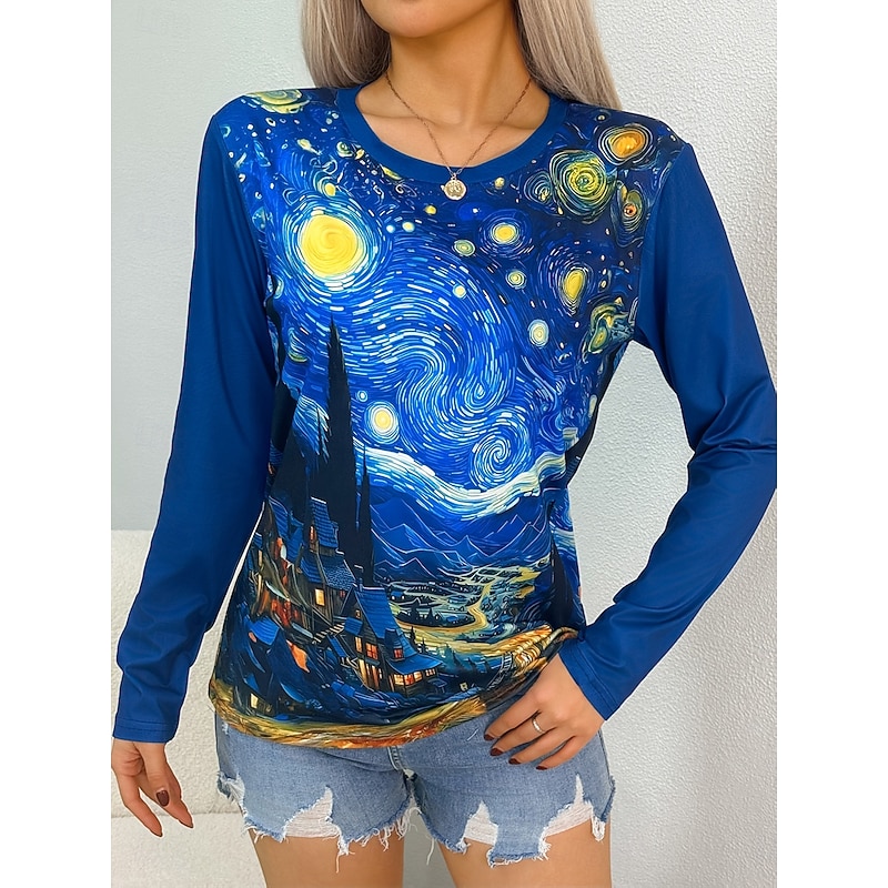 Women's T shirt Crew Neck Long Sleeve Tunic Graphic Abstract Vintage Stylish Classic  Round Neck Regular Tops Daily Print Blue Fall3