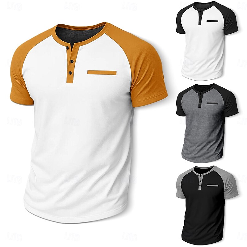Men's Henley Shirt Tee Top Short Sleeve Solid / Plain Color Casual Casual / Sporty Color Block Raglan Sleeves Crewneck Henley Sports & Outdoor Casual Sports Summer All Seasons White+Black Yellow
