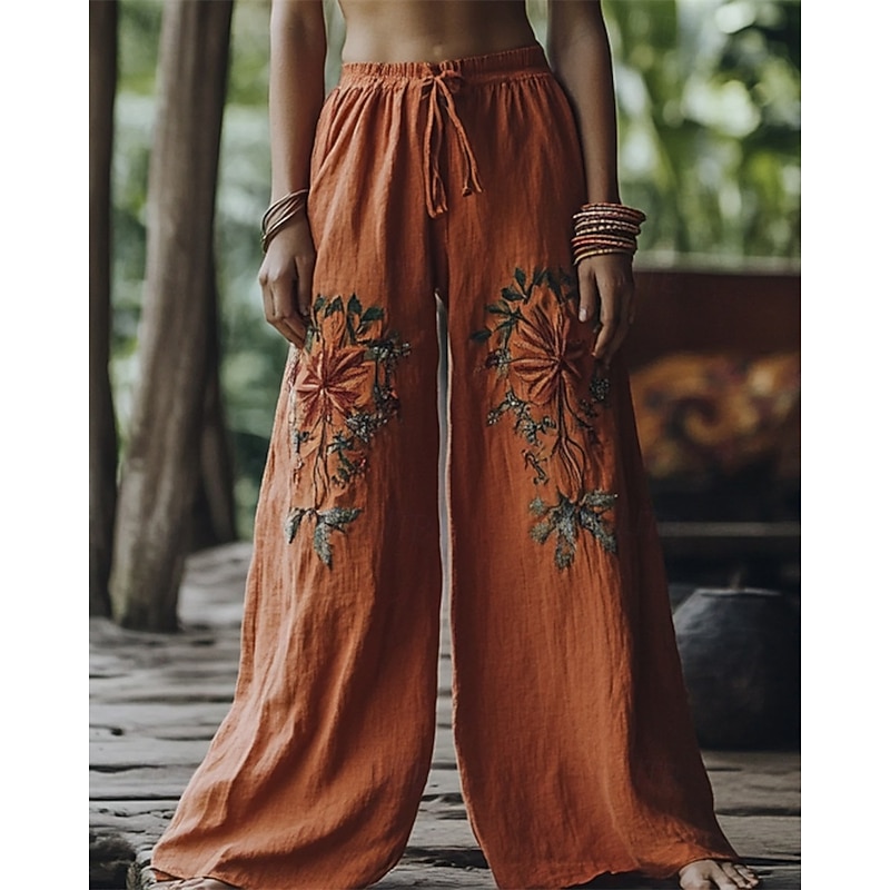 Women's Wide Leg Pants Trousers Palazzo Pants Casual Boho Full Length High Waist Flower Elastic Waist Drawstring Print Breathability Comfortable Street Daily Wear Going out Orange Spring Fall Regular